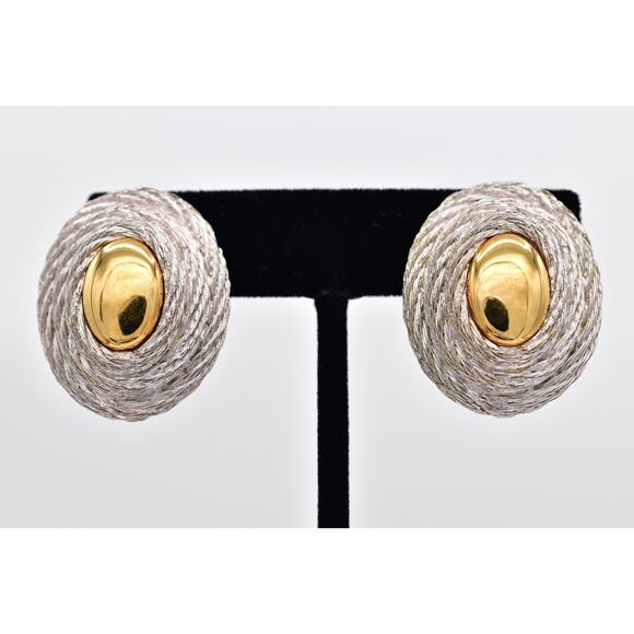 Givenchy Vintage Clip On Earrings Oval Silver Gold Heavy Chunky Signed 80s BinH - Picture 1 of 12